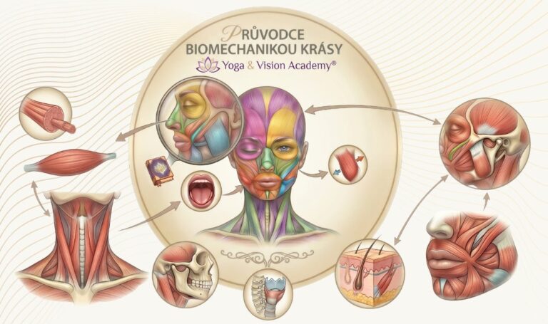 Komplexní vizuální schéma metody Yoga & Vision Academy zobrazující biomechaniku 57 obličejových svalů, detaily svalové tkáně, anatomii krku, čelistního kloubu a hlubokých struktur úst.